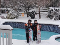 Two Kids Holding Snowboards by Their Pool
